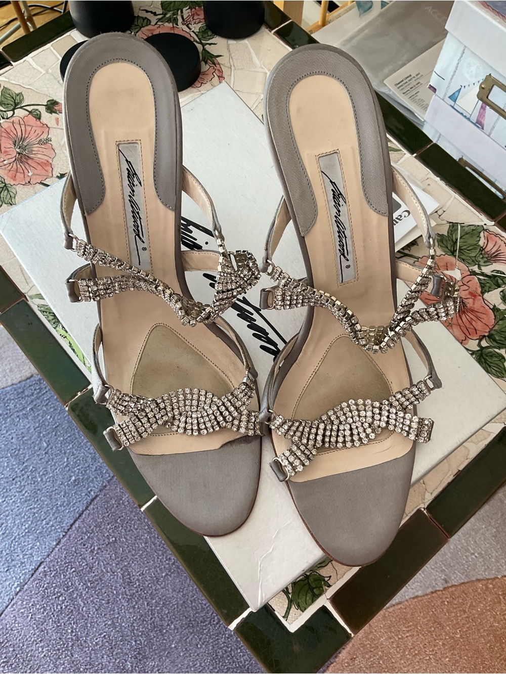 BRIAN ATWOOD jeweled light grey silver satin heels 10 10.5 11 41  gorgeous